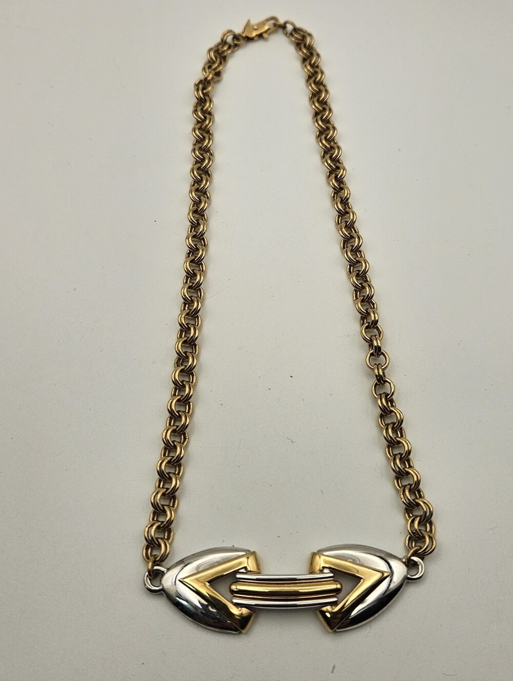Vintage MONET Two Tone Gold Silver Geometric Center Focal Link Necklace - Picture 4 of 9